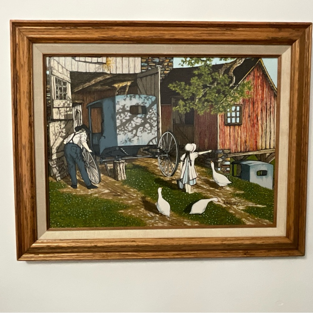 Vintage H. Hargrove Framed Serigraph – Amish Buggy Farm Scene